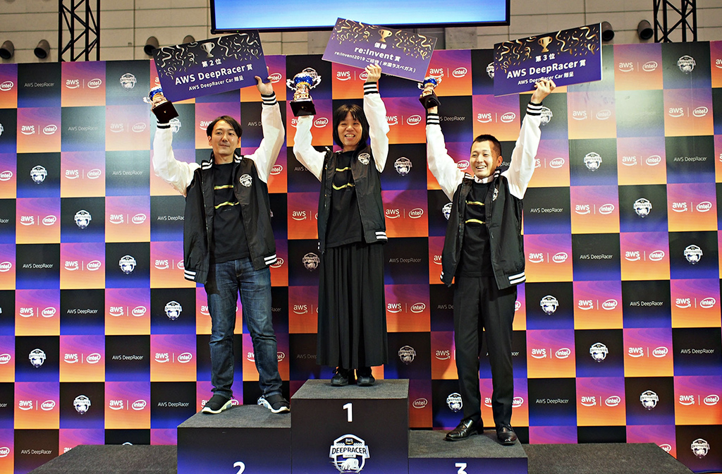 3名の社員が「AWS DeepRacer リーグ」の日本大会で1～3位になり、表彰を受ける様子