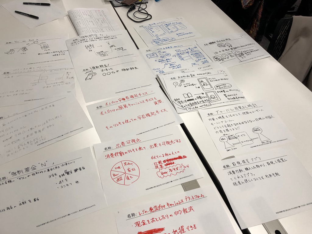 個人ワークでまとめたアイディアシートを机の上に集める様子