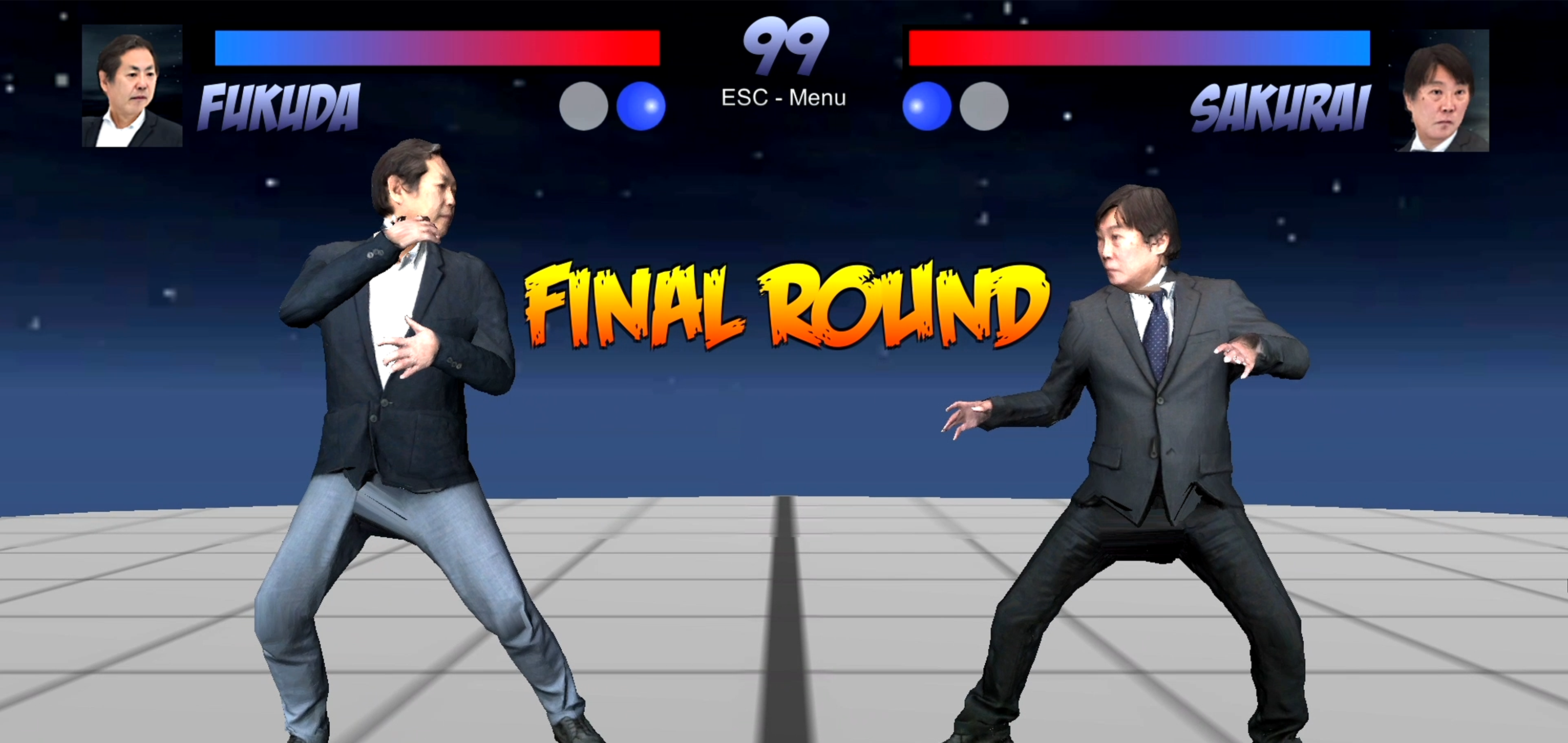 生成した3Dモデルにモーションと背景をつけて、格闘ゲーム風の動画を作成しました。FINAL ROUNDで2名のキャラクターが向かい合って、戦おうとしています。
