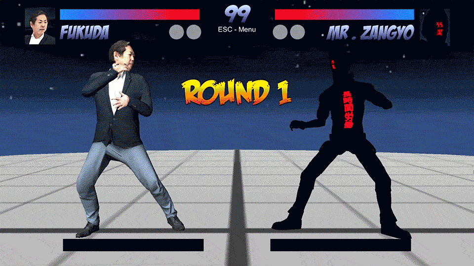 生成した3Dモデルにモーションと背景をつけて、格闘ゲーム風の動画を作成しました。ROUND1で2名のキャラクターが向かい合って、戦おうとしています。